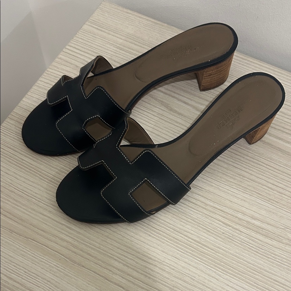 Hermes Black Leather Open-Toe Slide Mules with Wood Heel